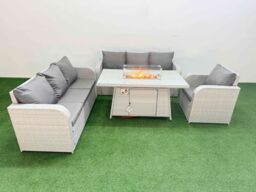 Fimous 7 Seater Poly Rattan Outdoor Garden Furniture Firepit Dining Table Sofa Set Patio 3 Seater Sofa Reclining Chair 3 Seater Sofa Light Grey - thumbnail 2
