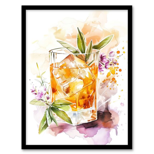 "Artery8 Whiskey Smash Blue Basil Cocktail Bar Watercolour Framed Art Print in Orange - Size: W12"" x H16""" - image 1