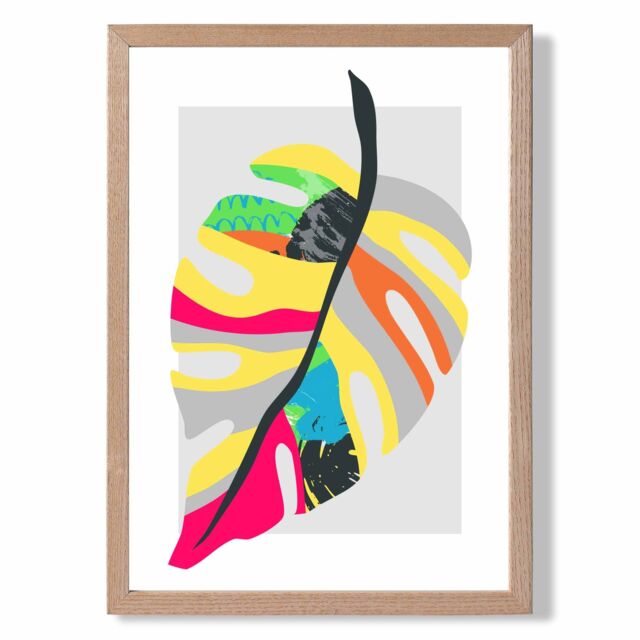 ARTZE Tropical Monstera Blue & Green Abstract Minimalist Framed Print SIZE: A3 with Oak Frame in Mid Blue - Size: A4 - image 1