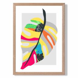 ARTZE Tropical Monstera Blue & Green Abstract Minimalist Framed Print SIZE: A3 with Oak Frame in Mid Blue - Size: A4 - thumbnail 1