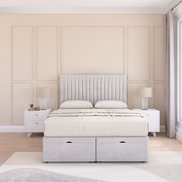 Sloomy Manhattan Plush Fabric Ottoman Bed End Opening With Sprung Memory Mattress & 26 Inch Headboard in Silver - Size: King - image 1