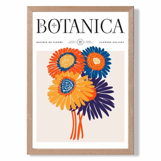 ARTZE Orange & Blue Gerbera Daisies Flower Market Exhibition Framed Print SIZE: A4 with Oak Frame - Size: A3 - image 1