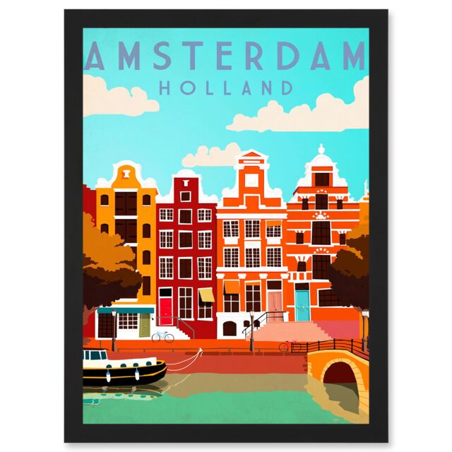 Artery8 Travel Tourism Amsterdam Holland Netherlands Canal Boat Houses Colourful A4 Artwork Framed Wall Art Print in Black - image 1