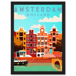 Artery8 Travel Tourism Amsterdam Holland Netherlands Canal Boat Houses Colourful A4 Artwork Framed Wall Art Print in Black - thumbnail 1