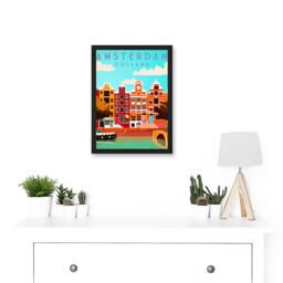 Artery8 Travel Tourism Amsterdam Holland Netherlands Canal Boat Houses Colourful A4 Artwork Framed Wall Art Print in Black - thumbnail 2