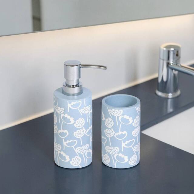 Showerdrape Buttercup Blue Floral Bathroom Accessory Set -Soap Dispenser & Tumbler in Light Blue - image 1
