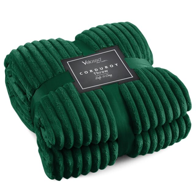 Velosso Thermal Soft Ribbed Cord Throw - Plain Ribbed Bed Blanket in Emerald - Size: 125 cm x 150 cm
