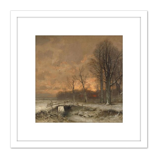 Artery8 Apol Winter Scene Sun Setting Behind Trees 8X8 Inch Square Wooden Framed Wall Art Print Picture with Mount in White - image 1