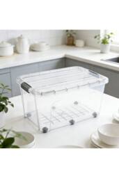 KDMD 75L Clear Plastic Storage Box with Wheels Click Lid Stackable - thumbnail 3