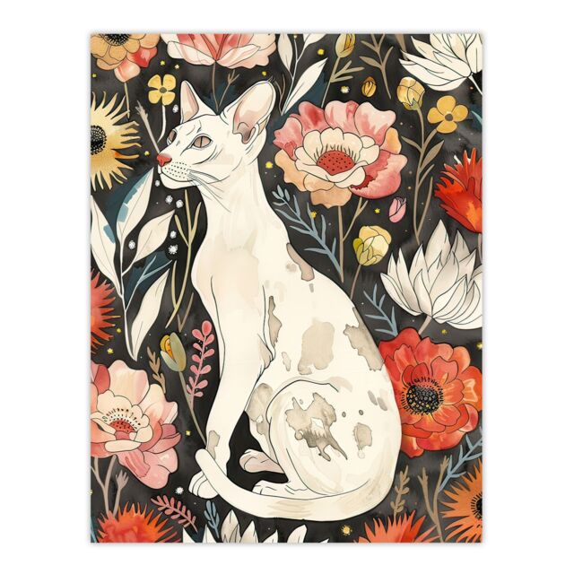 "Artery8 Cat Lover Oriental Shorthair Floral Pet Portrait Wall Art Print in Red - Size: W12"" x H16""" - image 1