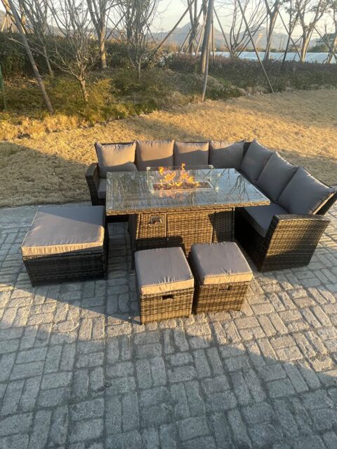 Fimous High Back Rattan Garden Furniture Sets Gas Fire Pit Dining Table Right Corner Sofa Small Footstools Chair 9 Seater in Dark Grey - image 1