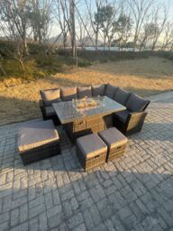 Fimous High Back Rattan Garden Furniture Sets Gas Fire Pit Dining Table Right Corner Sofa Small Footstools Chair 9 Seater in Dark Grey - thumbnail 3