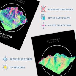 Artery8 Wall Art Print Pack of 3 A4 Neon Scottish Hill & Mountain Topography Maps Ben Lawers Aberfeldy Living Room s Set - thumbnail 4