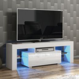 Mex Furniture LTD TV Unit with LED Lighting & Gloss Doors / 130cm in White - thumbnail 1