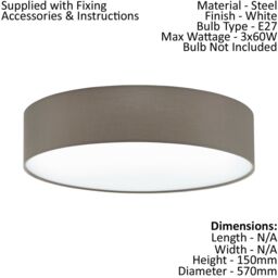 Loops Flush Ceiling Light Colour White Shade Taupe White Fabric Bulb E27 3x60W - thumbnail 2