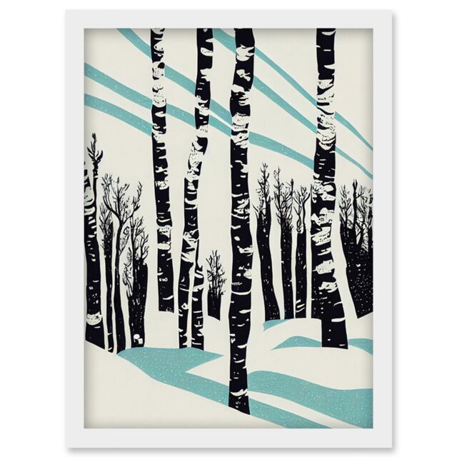 Artery8 Modern Birch Tree Forest in Winter Modern Stencil Design Monochrome & Teal Artwork Framed Wall Art Print A4 in White - image 1