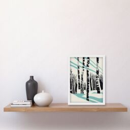Artery8 Modern Birch Tree Forest in Winter Modern Stencil Design Monochrome & Teal Artwork Framed Wall Art Print A4 in White - thumbnail 2