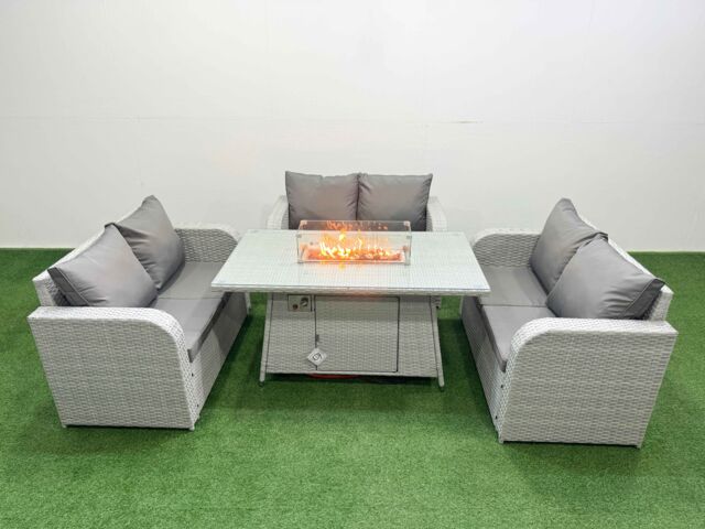 Fimous 6 Seater PE Wicker Rattan Furniture Sofa Sets with Firepit Dining Table 2 Seater Love Sofa Light Grey - image 1