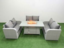 Fimous 6 Seater PE Wicker Rattan Furniture Sofa Sets with Firepit Dining Table 2 Seater Love Sofa Light Grey - thumbnail 1