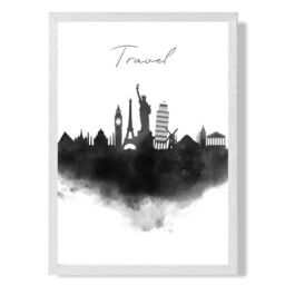ARTZE Travel Watercolour Skyline City Framed Print SIZE: A4 with White Frame in Black - thumbnail 1