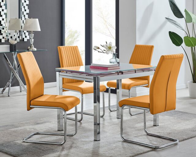 FurnitureboxUK Enna White Glass Extending 4-6 Seater Dining Table & 4 Lorenzo Faux Leather Chairs in Mustard - image 1