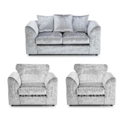 Furnishings For Less UK Crystal Crushed Velvet 4 Seater 3 Piece Sofa Suite - 3, 2 & Armchair Seater Scatter Back in Silver