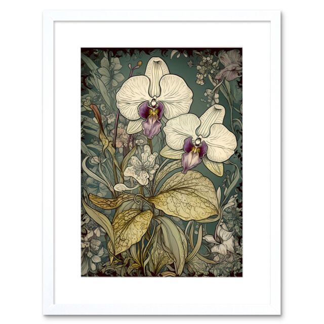 "Artery8 Wall Art Print William Morris Style White & Purple Orchid Artwork Framed 9X7 Inch - Size: W7"" x H9""" - image 1