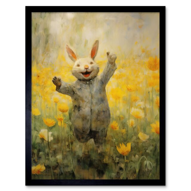 "Artery8 Wall Art Print Tulips & Rabbit Watercolour Fun Kids Baby Nursery Artwork Art Framed in Black - Size: W12"" x H16""" - image 1