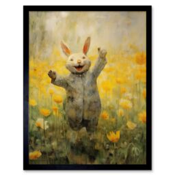 "Artery8 Wall Art Print Tulips & Rabbit Watercolour Fun Kids Baby Nursery Artwork Art Framed in Black - Size: W12"" x H16""" - thumbnail 1