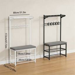 Nordara Black Hallway Shoe Bench Coat Rack Padded Seat Hooks Storage - thumbnail 2