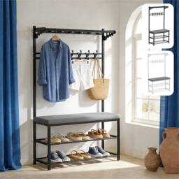 Nordara Black Hallway Shoe Bench Coat Rack Padded Seat Hooks Storage - thumbnail 3