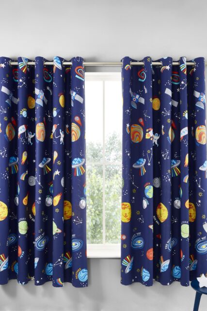 Catherine Lansfield 'Lost In Space' Fully Reversible Eyelet Curtains in Blue - Size: 168 cm width x 183 cm drop - image 1