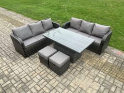 Fimous 8 Seater Outdoor Rattan Garden Furniture Sets Height Adjustable Rising lifting Dining Table Sofa Set with Footstools in Dark Grey - thumbnail 1