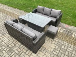 Fimous 8 Seater Outdoor Rattan Garden Furniture Sets Height Adjustable Rising lifting Dining Table Sofa Set with Footstools in Dark Grey - thumbnail 2