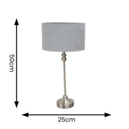 ValueLights Maggie Brushed Chrome Candlestick Slim Table Lamp with Velvet Drum Lamp Shade in Grey - thumbnail 5