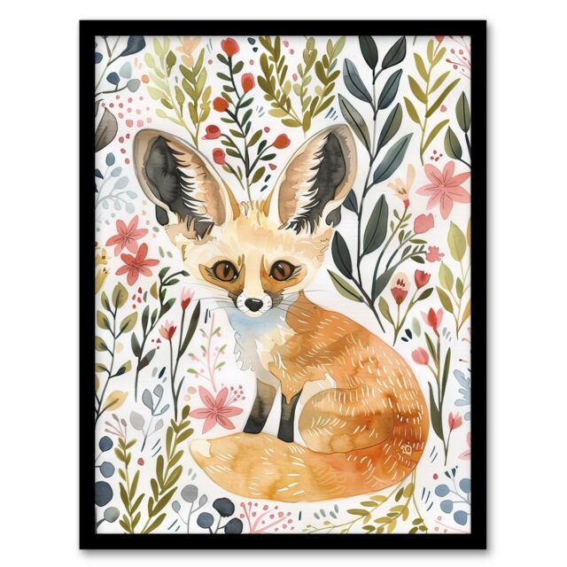 "Artery8 Fennec Fox Boho Floral Watercolour Portrait Framed Wall Art - Size: W12"" x H16""" - image 1