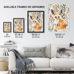 "Artery8 Fennec Fox Boho Floral Watercolour Portrait Framed Wall Art - Size: W12"" x H16""" - thumbnail 3