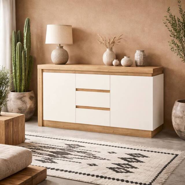 Wyld Haus Hjorring Natural Oak & White Sideboard 2 Doors 3 Drawers - image 1
