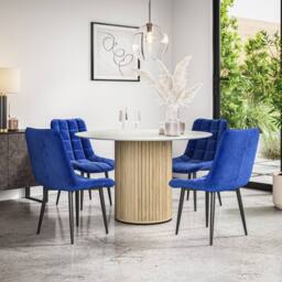 More4Homes Arlo White Marble Table Top W Oak Legs + Nova Velvet Dining Chair Set Of 6 in Blue - thumbnail 1