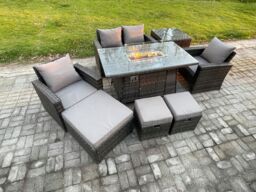 Fimous 7 Seater Outdoor Rattan Sofa Set Garden Furniture Gas Firepit Dining Table Heater with Side Table in Dark Grey - thumbnail 1