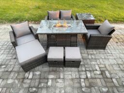 Fimous 7 Seater Outdoor Rattan Sofa Set Garden Furniture Gas Firepit Dining Table Heater with Side Table in Dark Grey - thumbnail 2