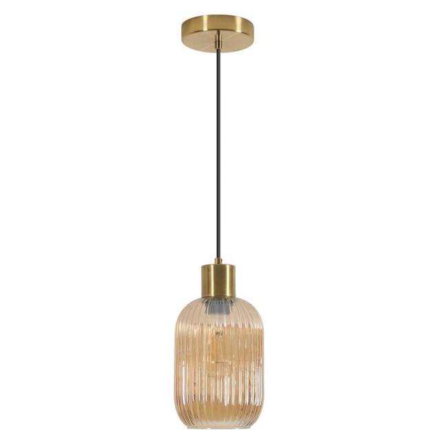 Goeco Modern Pendant Light In Ribbed Glass With Gold Finish & Black Cable - image 1