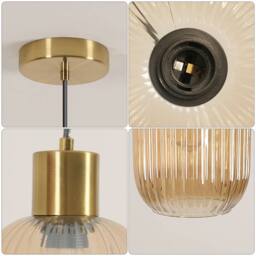 Goeco Modern Pendant Light In Ribbed Glass With Gold Finish & Black Cable - thumbnail 3
