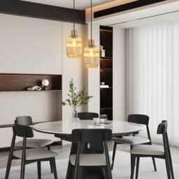 Goeco Modern Pendant Light In Ribbed Glass With Gold Finish & Black Cable - thumbnail 8