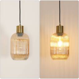 Goeco Modern Pendant Light In Ribbed Glass With Gold Finish & Black Cable - thumbnail 4