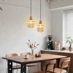 Goeco Modern Pendant Light In Ribbed Glass With Gold Finish & Black Cable - thumbnail 9