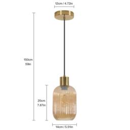 Goeco Modern Pendant Light In Ribbed Glass With Gold Finish & Black Cable - thumbnail 2
