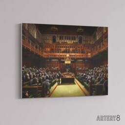 "Artery8 Banksy Devolved Parliament Chimps Canvas Wall Art Print in Brown - Size: W18"" x H24""" - thumbnail 2