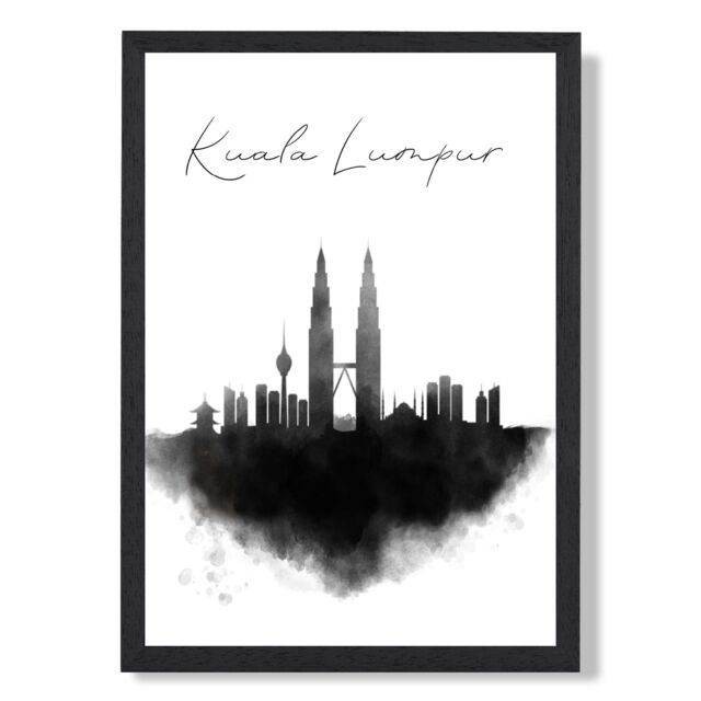 ARTZE Kuala Lumpur Watercolour Skyline City Framed Print SIZE: A3 with Black Frame - Size: A4 - image 1