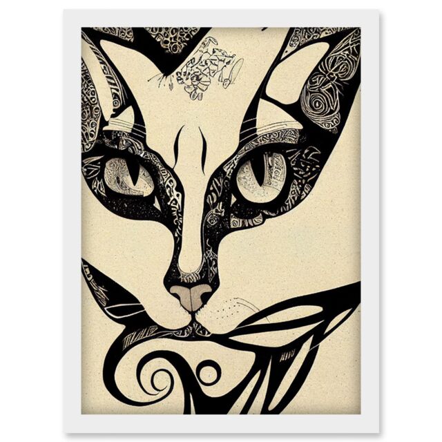 Artery8 Abstract Boho Portrait Cat Sketch Cat Tribal Intricate Artwork Framed Wall Art Print A4 in White - image 1